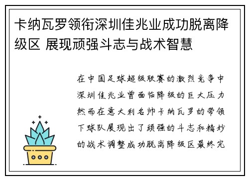 卡纳瓦罗领衔深圳佳兆业成功脱离降级区 展现顽强斗志与战术智慧
