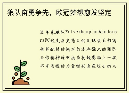 狼队奋勇争先，欧冠梦想愈发坚定