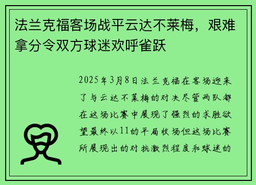 法兰克福客场战平云达不莱梅，艰难拿分令双方球迷欢呼雀跃