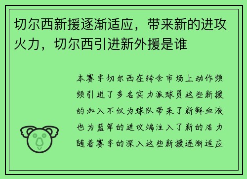 切尔西新援逐渐适应，带来新的进攻火力，切尔西引进新外援是谁