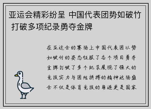亚运会精彩纷呈 中国代表团势如破竹 打破多项纪录勇夺金牌