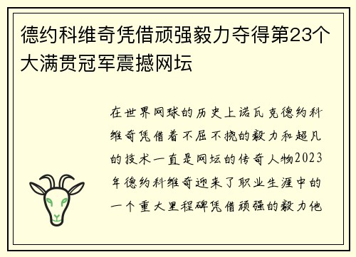 德约科维奇凭借顽强毅力夺得第23个大满贯冠军震撼网坛