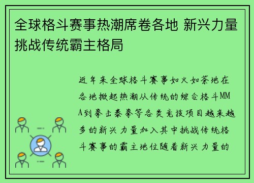 全球格斗赛事热潮席卷各地 新兴力量挑战传统霸主格局